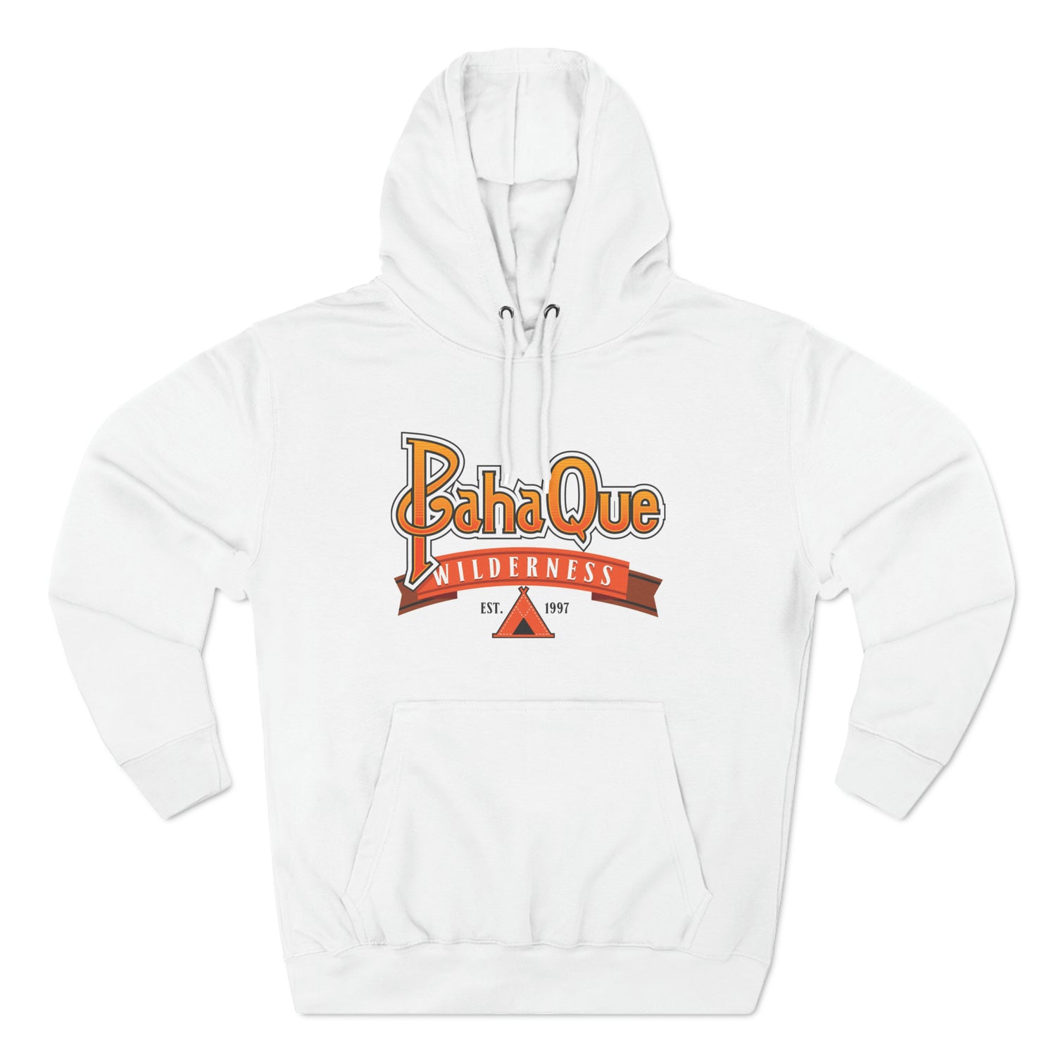 The PahaQue Unisex Premium Pullover Hoodie in white by Printify features BahaQue in yellow and orange, Wilderness in red on a ribbon, Est. 1957 above a small black tent graphic, and a soft fleece lining for added comfort.