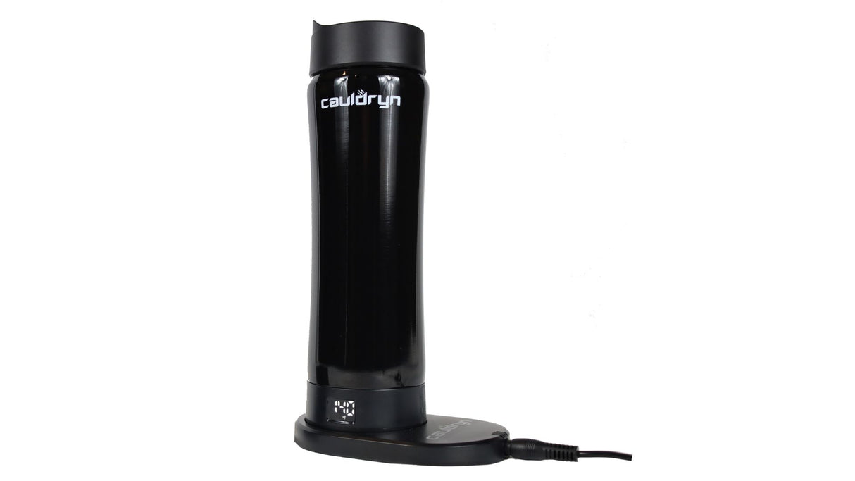 The Cauldryn Variable Temperature Beverage Warmer by PahaQue Wilderness is a sleek, tall black mug on a charging base with the brand name near the top—ideal as a beverage warmer or thoughtful coffee gift.