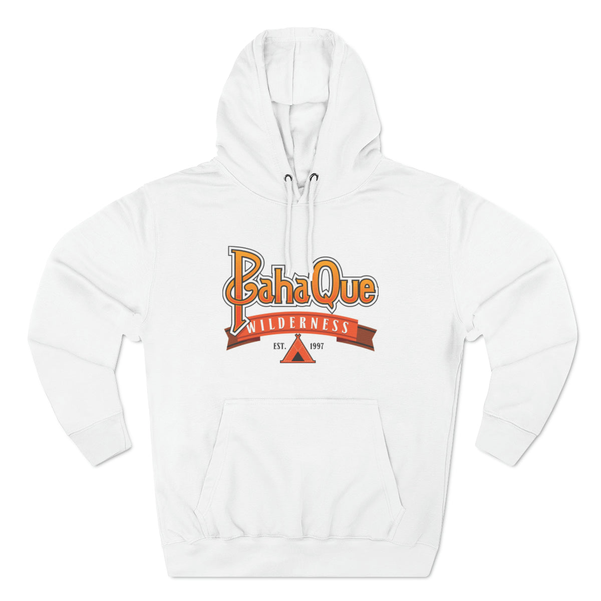 The PahaQue Unisex Premium Pullover Hoodie in white by Printify features BahaQue Wilderness in yellow and red, a triangle tent graphic, and Est. 1957 on the front center. Fleece lining offers extra comfort for cooler days.