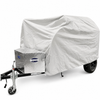The PahaQue Wilderness Aero Teardrops Trailer Cover in gray offers top protection for small trailers with front metal toolboxes, shielding the trailer while leaving its wheels and hitch partially visible.