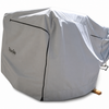 The Boreas Campers Trailer Cover Premium Protection from Elements by Paha Que Custom, in large gray with black seams, fully covers outdoor gear—leaving just a wooden block and metal handle visible—for complete weather protection.