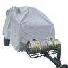 A vehicle is protected by a Paha Que Custom Campinawe Trailer Cover made of heavy-duty MagnaTuff fabric, with a front metal rack holding two strapped-down beer kegs—one silver, one striped.