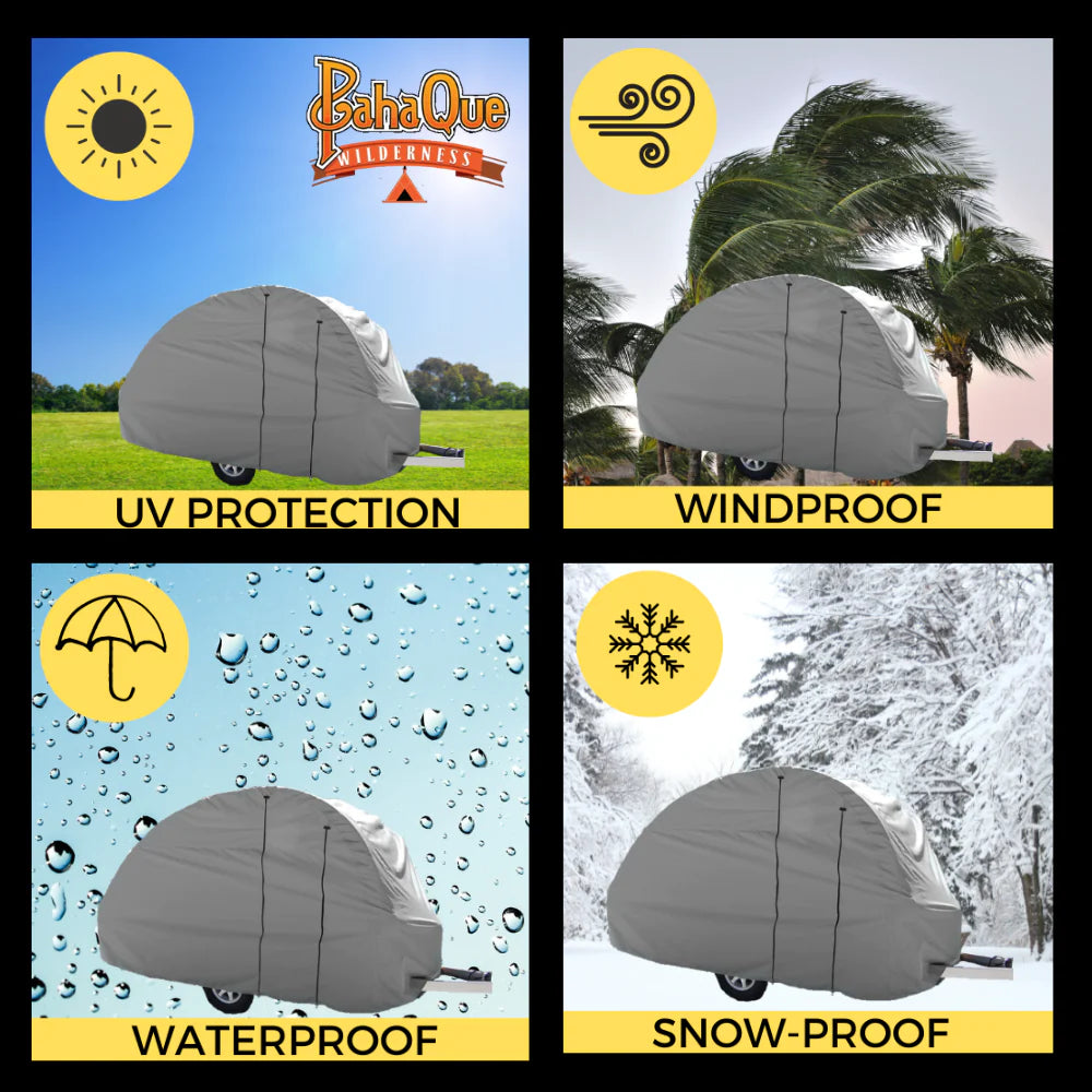 Four panels feature the Paha Que Custom NuCamp TAB 320 Outback/Boondock Trailer Cover shielding against sun (UV), wind, rain, and snow, highlighting this weatherproof cover's superior protection in any condition.