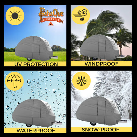 Four panels feature the Paha Que Custom NuCamp TAB 320 Outback/Boondock Trailer Cover shielding against sun (UV), wind, rain, and snow, highlighting this weatherproof cover's superior protection in any condition.