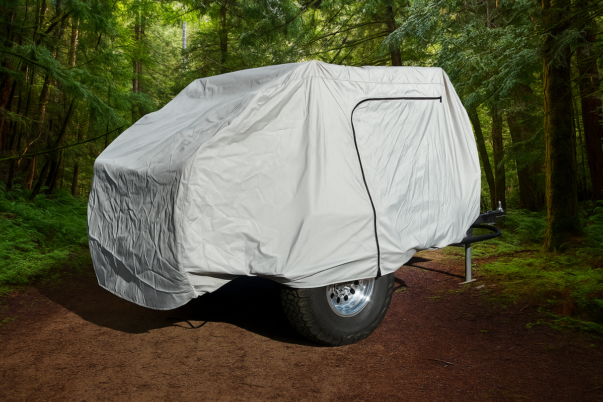 A small trailer covered by a Timberleaf Trailer Cover from Paha Que Custom sits on a dirt path in a dense, green forest. Tall trees and lush foliage surround it, creating a peaceful outdoor atmosphere.