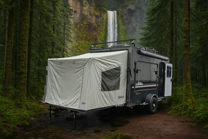 A PahaQue Wilderness Custom Toy Hauler Patio Ramp Tent for Outdoor Adventures is set up in a lush green forest near a tall waterfall tumbling down a rocky cliff.