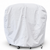 The Paha Que Custom Happier Camper HC1 Cover, in large white custom fit, drapes over a rounded trailer with small caster wheels at the base for weather protection, shown against a plain white background.