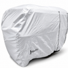 A Meerkat Trailer Cover Heavy Duty MagnaTuff Fabric by Paha Que Custom, featuring the Meerkat logo, fits snugly over a compact trailer or small camper with black drawstrings; only the wheels are partly visible at the bottom.