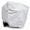 A Teton X Trailer, mostly concealed by a white Paha Que Custom Teton X Trailer Cover Premium Protection, shows just part of a black tire and yellow wheel chock at the bottom against a plain white background.