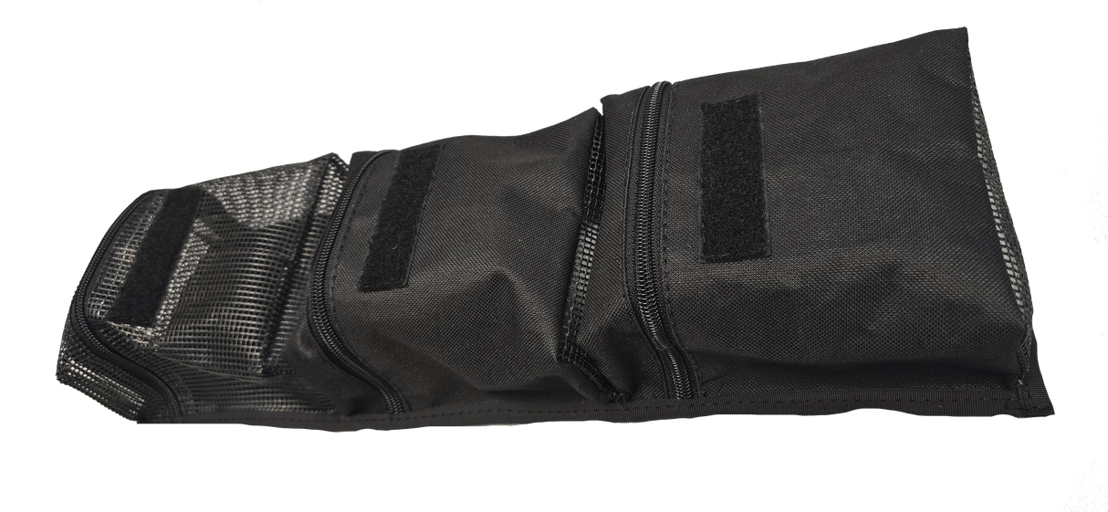 The PahaQue Gear Pouches by PahaQue Wilderness feature three zippered compartments, including a mesh end and Velcro top patches—ideal as heavy-duty organizers for efficient storage of your trailer gear.