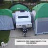 A small silver teardrop trailer is set between two Paha Que Custom 10x10 Side Mount Screen Room Tents on a driveway, with a white dog sitting nearby. Combine with other PahaQue gear for extra outdoor living space.