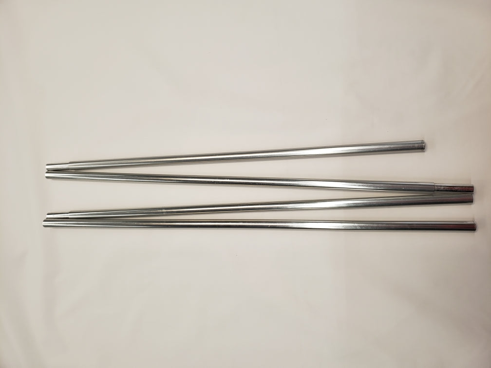 Four straight, silver Side Tent/Awning Replacement Roof Poles by PahaQue Wilderness are arranged parallel on a plain white surface, ideal for supporting a trailer tent awning or use with PahaQue Side Tents.