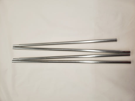 Four straight, silver Side Tent/Awning Replacement Roof Poles by PahaQue Wilderness are arranged parallel on a plain white surface, ideal for supporting a trailer tent awning or use with PahaQue Side Tents.