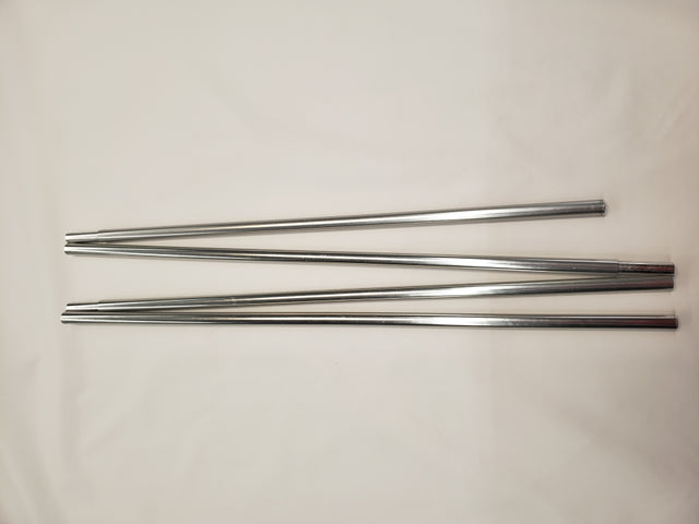 Four straight, silver Side Tent/Awning Replacement Roof Poles by PahaQue Wilderness are arranged parallel on a plain white surface, ideal for supporting a trailer tent awning or use with PahaQue Side Tents.