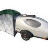 A compact 5x7 Trailer Side Tent Screen Room for camping and outdoor adventures by Paha Que Custom, shown in green and gray, designed to expand your camping gear—isolated on a white background.