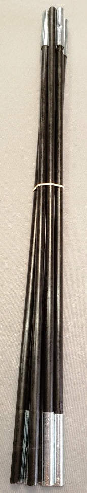 Four long, dark-colored poles with metallic ends—part of the PahaQue Wilderness Mini Max Awning / Mini Max Side Tent 277 Pole set—are bundled together with a rubber band on a light surface.