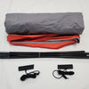 A gray tent, red rainfly, two bundles of black poles, and two sets of guylines by Paha Que Custom are neatly arranged—ideal as the NuCamp TAB 360 Trailer Visor Accessory for Enhanced Outdoor Protection.