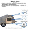 A diagram shows a compact trailer with door measurements and gutter rail details—22 from ground to bottom, with max lengths—ideal for Paha Que Custom’s Camp Inn Mounting Kit for Trailer Side Tents (10x10 or 5x7).