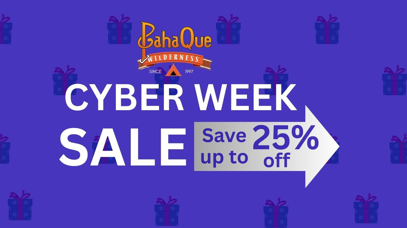 Purple graphic with PahaQue Wilderness logo, text reads: Cyber Week Sale. Save up to 25% off in a white arrow, with gift icons in the background.