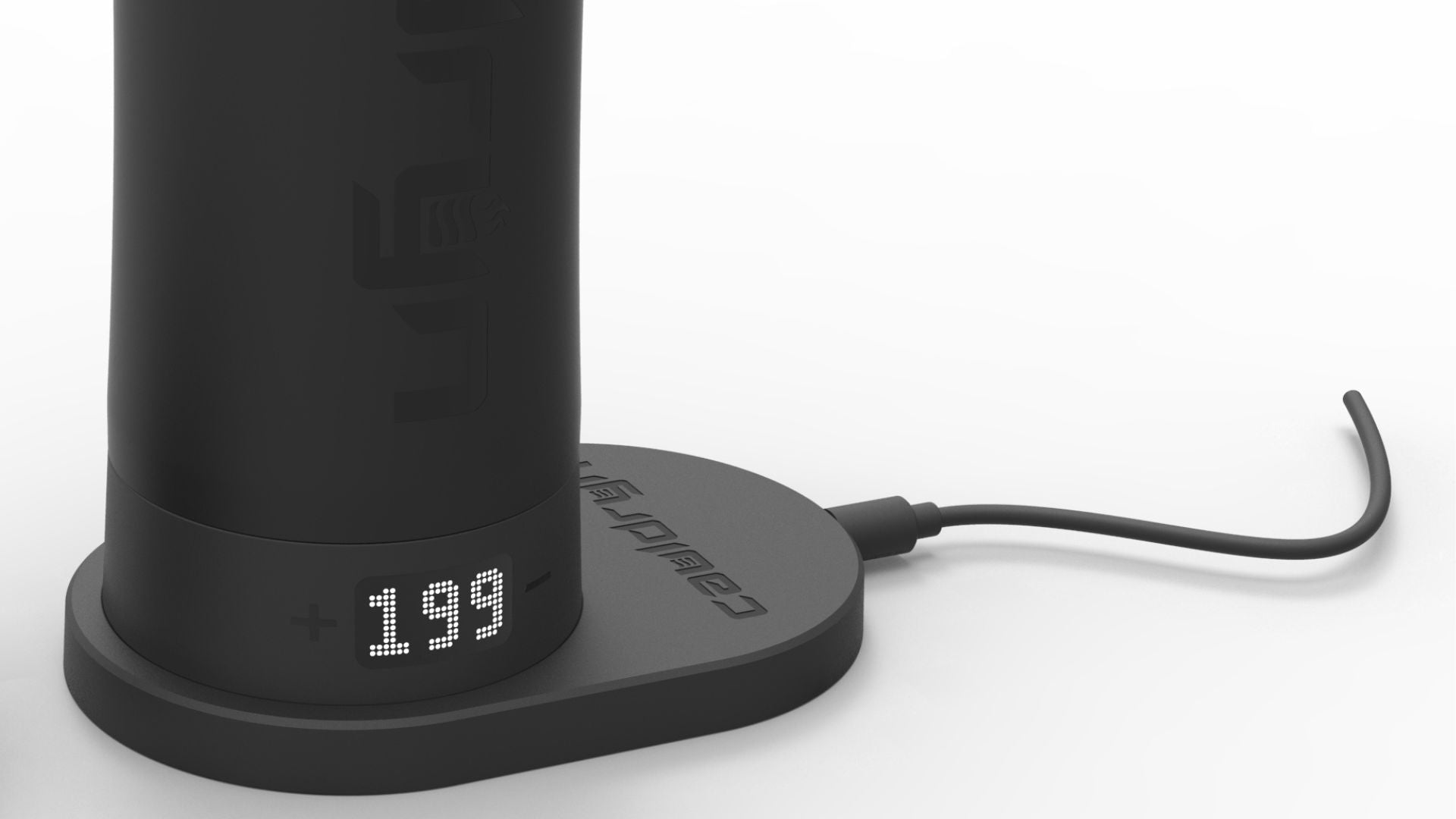 A close-up of the PahaQue Wilderness Cauldryn Variable Temperature Beverage Warmer with a digital display reading 199 and a charging cable on a white surface—an ideal gift for coffee lovers.