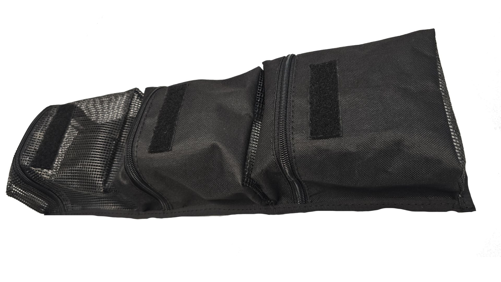 The PahaQue Wilderness Triple Gear Pouch Heavy Duty Gear Organizer for Trailers is black with multiple zippered pockets, Velcro straps, and a mesh end section, shown on a white background.