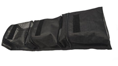 The PahaQue Wilderness Triple Gear Pouch Heavy Duty Gear Organizer for Trailers is black with multiple zippered pockets, Velcro straps, and a mesh end section, shown on a white background.