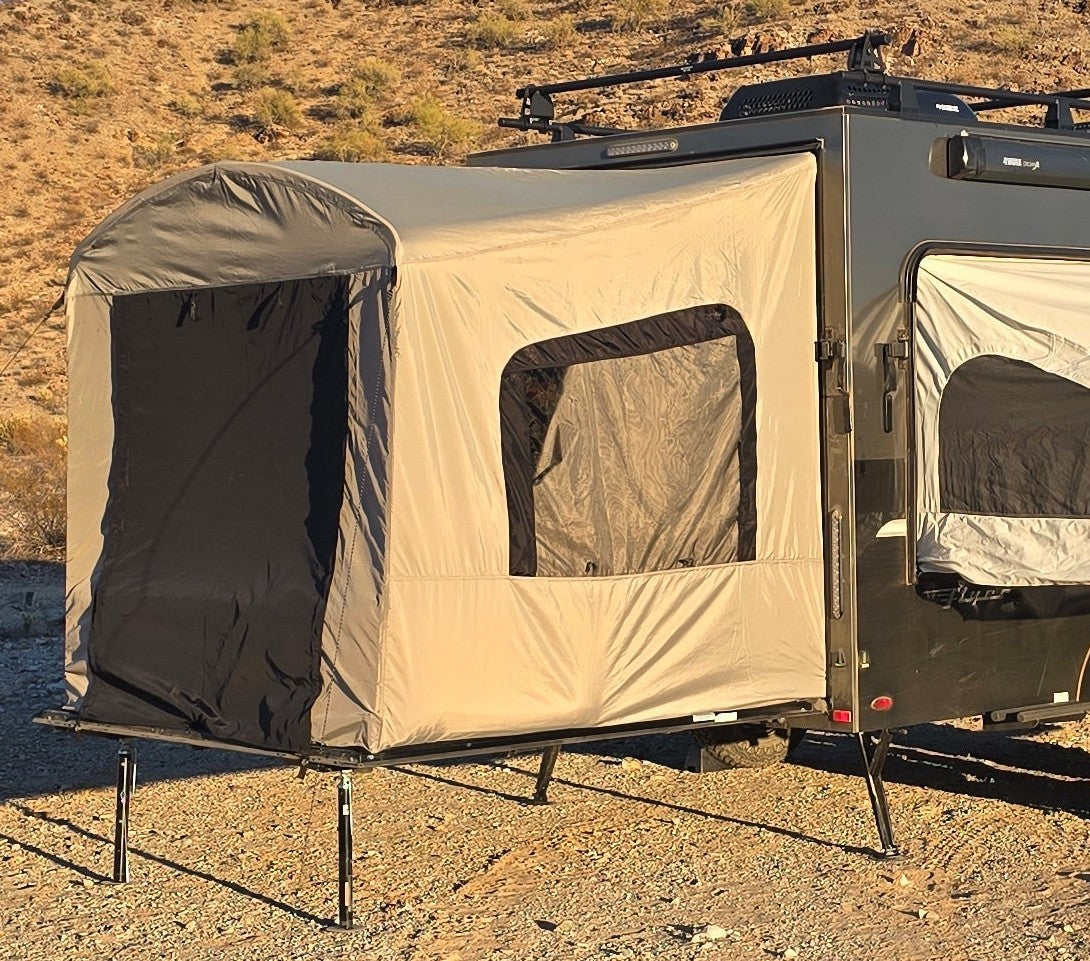 Toy Hauler Patio Enclosure Ramp Tent by PahaQue. Custom Built to fit all Toy Hauler trailers