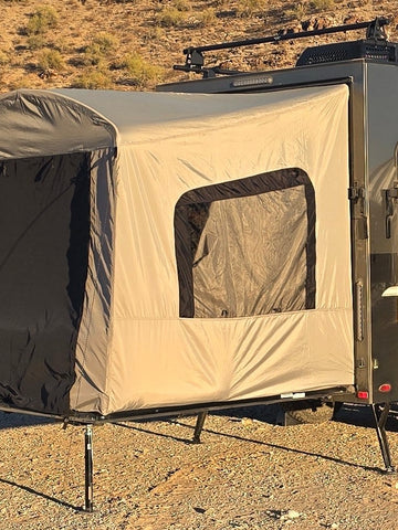 Toy Hauler Patio Enclosure Ramp Tent by PahaQue.  Custom Built to fit all Toy Hauler trailers.