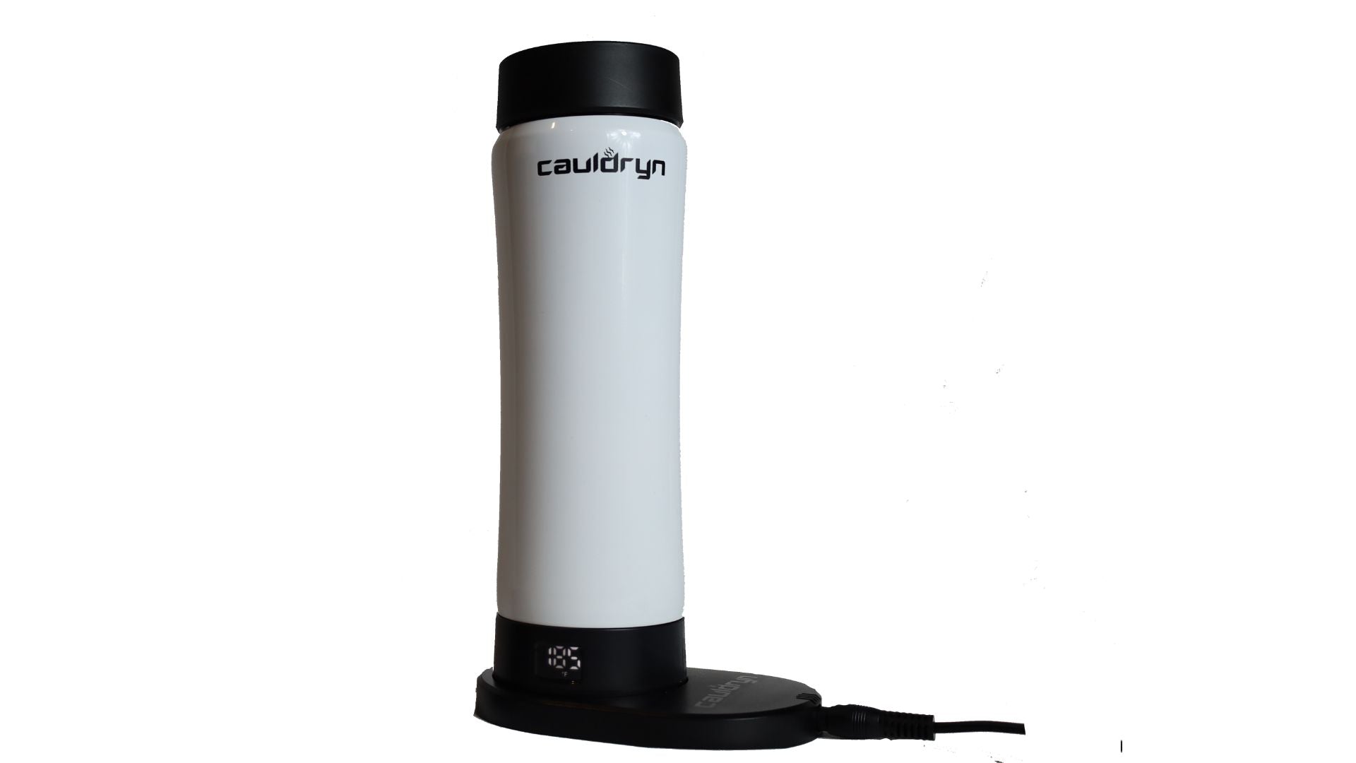 The Cauldryn Variable Temperature Beverage Warmer by PahaQue Wilderness is a tall, white, cylindrical electric appliance with black accents, upright on its circular charging dock connected by a cord.