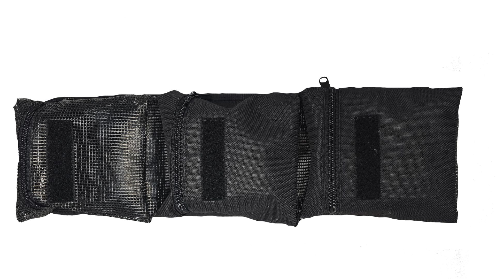 The PahaQue Wilderness Triple Gear Pouch Heavy Duty Gear Organizer for Trailers has three sections—one with a mesh top, two with solid tops—each secured by zipper or Velcro, shown empty and laid flat on a white background.