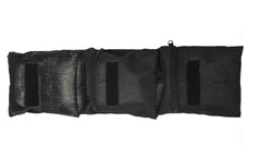 The PahaQue Wilderness Triple Gear Pouch Heavy Duty Gear Organizer for Trailers has three sections—one with a mesh top, two with solid tops—each secured by zipper or Velcro, shown empty and laid flat on a white background.