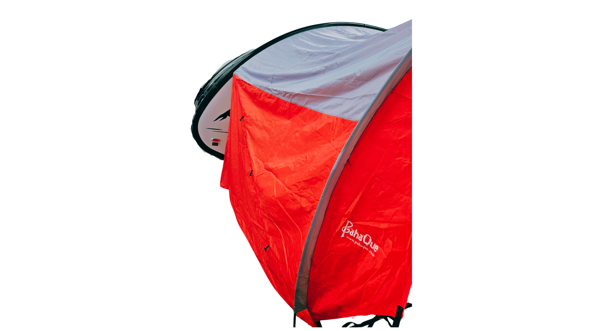 A close-up of a Paha Que Custom NuCamp TAB 360 Trailer Awning, partially extended against a white background, highlights its reliable waterproof qualities as an outdoor shelter.