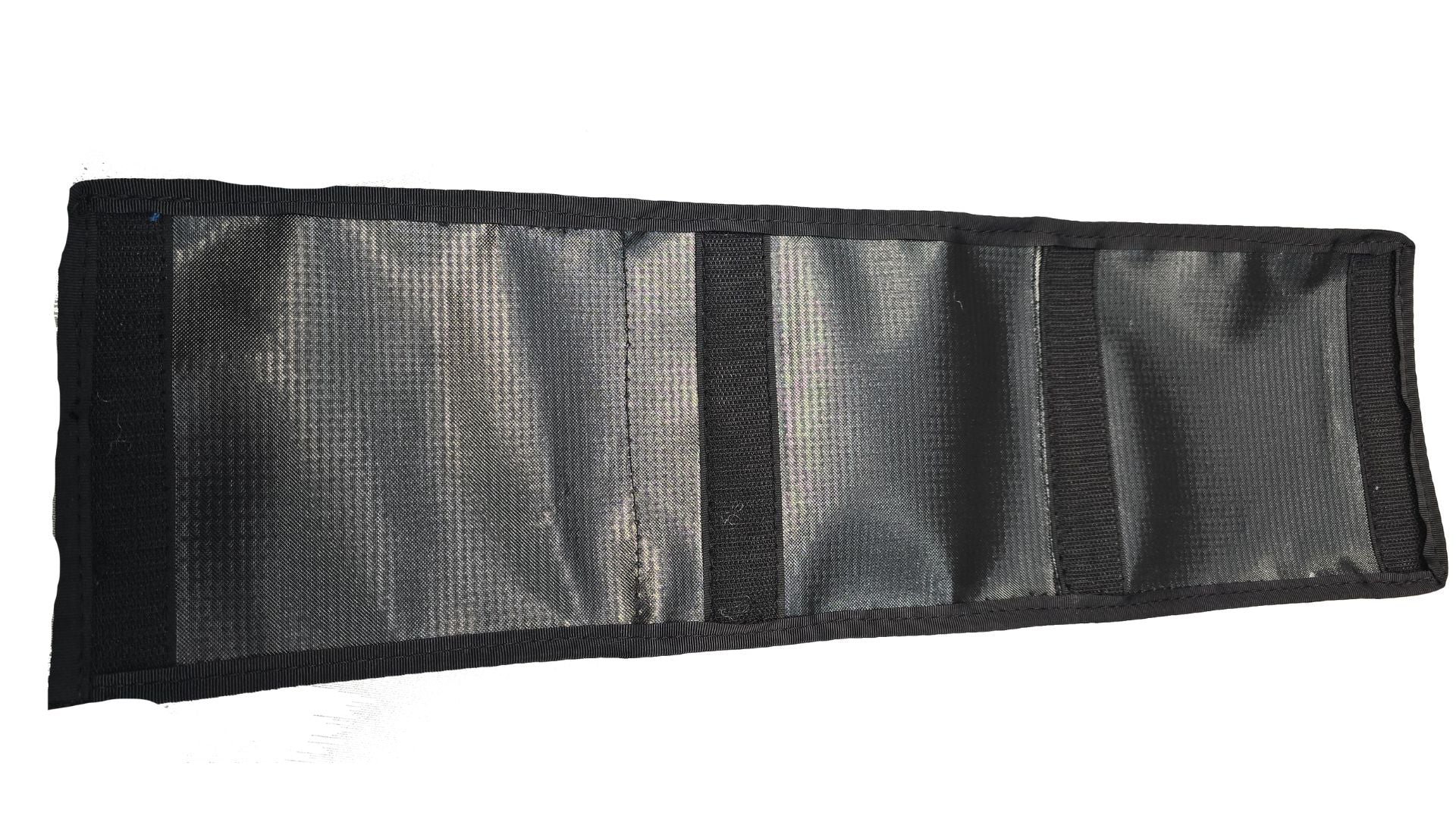 The PahaQue Wilderness Triple Gear Pouch Heavy Duty Gear Organizer for Trailers is a black, rectangular fabric pouch with four vertical stitched sections and a slightly shiny, textured appearance.