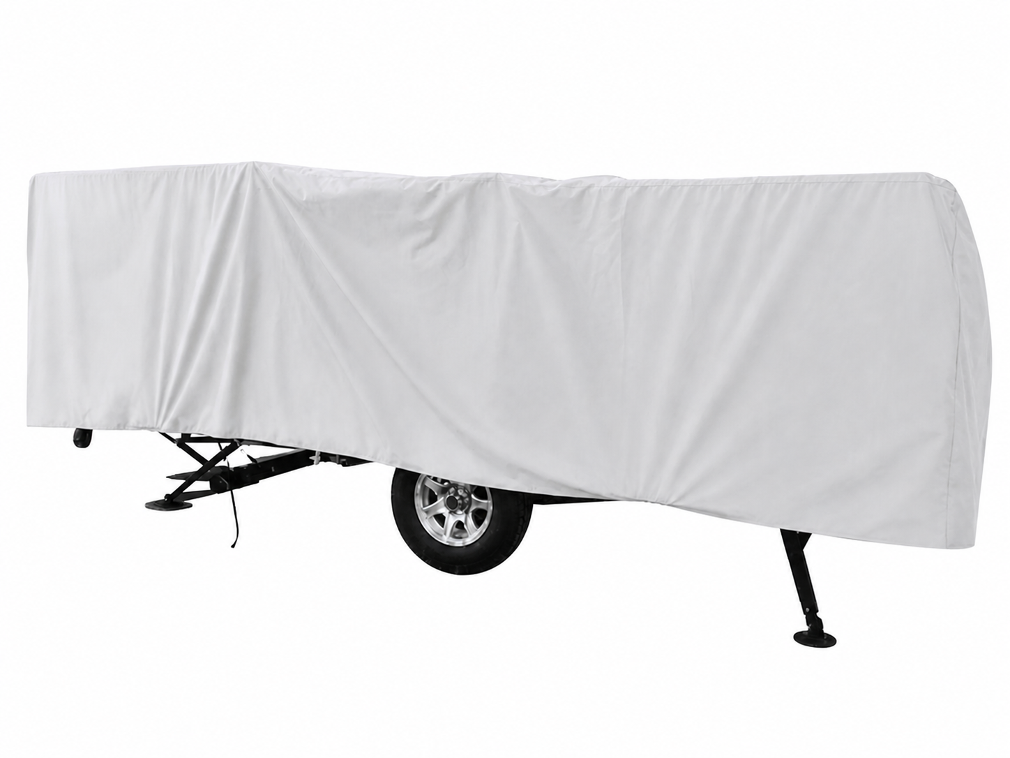 The Paha Que Custom A-Frame Pop Up Folding Trailer Cover Heavy Duty 600D Weather Proof is shown draped over a camper with its wheels visible beneath and the trailer partially elevated on stands.