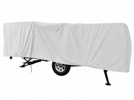 The Paha Que Custom A-Frame Pop Up Folding Trailer Cover Heavy Duty 600D Weather Proof is shown draped over a camper with its wheels visible beneath and the trailer partially elevated on stands.
