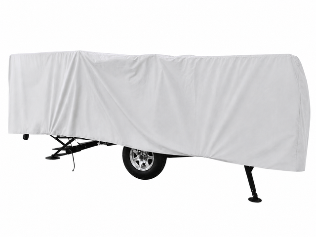 The Paha Que Custom A-Frame Pop Up Folding Trailer Cover Heavy Duty 600D Weather Proof is shown draped over a camper with its wheels visible beneath and the trailer partially elevated on stands.