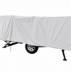 The Paha Que Custom A-Frame Pop Up Folding Trailer Cover Heavy Duty 600D Weather Proof is shown draped over a camper with its wheels visible beneath and the trailer partially elevated on stands.