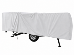 The Paha Que Custom A-Frame Pop Up Folding Trailer Cover Heavy Duty 600D Weather Proof is shown draped over a camper with its wheels visible beneath and the trailer partially elevated on stands.