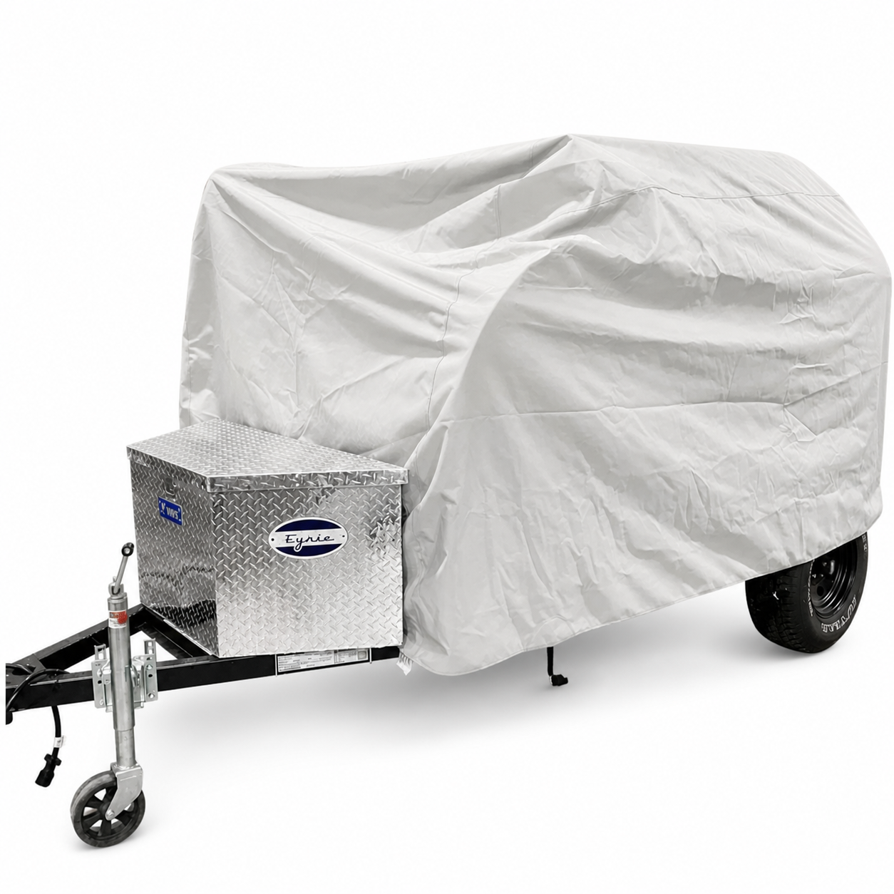 The PahaQue Wilderness Aero Teardrops Trailer Cover in gray offers top protection for small trailers with front metal toolboxes, shielding the trailer while leaving its wheels and hitch partially visible.