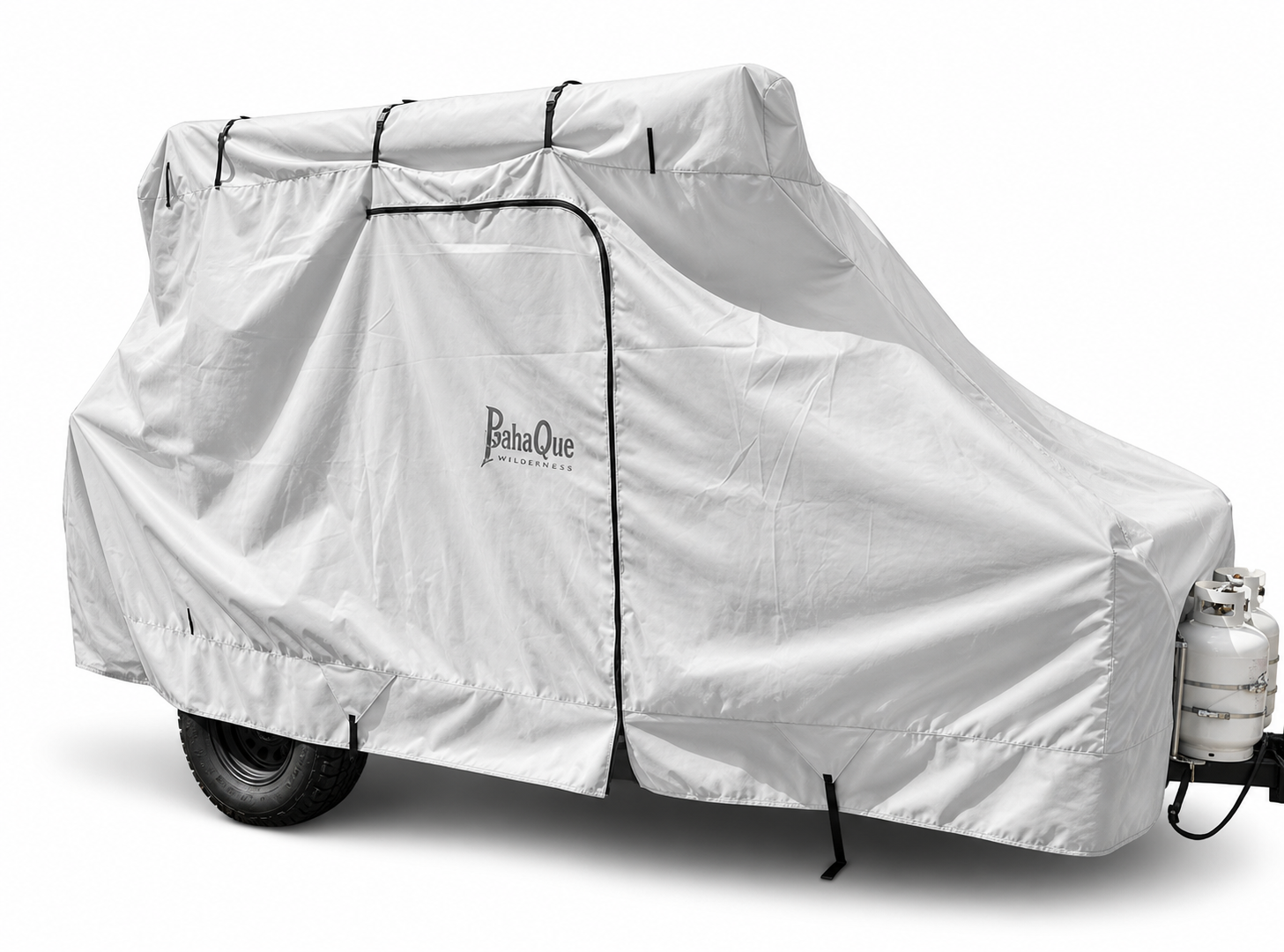 A Paha Que Custom Bean Trailer Covers Premium Durable Black Tailored Fit cover is secured over a small camper, providing full weather protection, including the attached propane tank.
