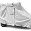 A Paha Que Custom Bean Trailer Covers Premium Durable Black Tailored Fit cover is secured over a small camper, providing full weather protection, including the attached propane tank.