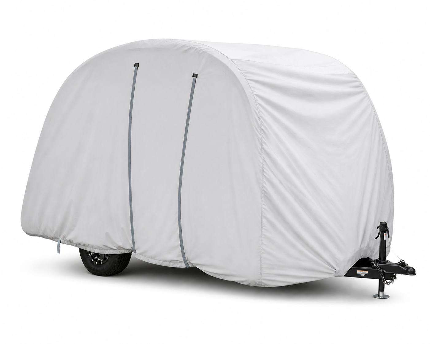 A Bushwhacker Plus Trailer Cover by Paha Que Custom, in light gray with two vertical seams, fits models 15DS and 15FK. Only the black wheel and hitch are visible below the cover against a plain white background. Made in the USA.