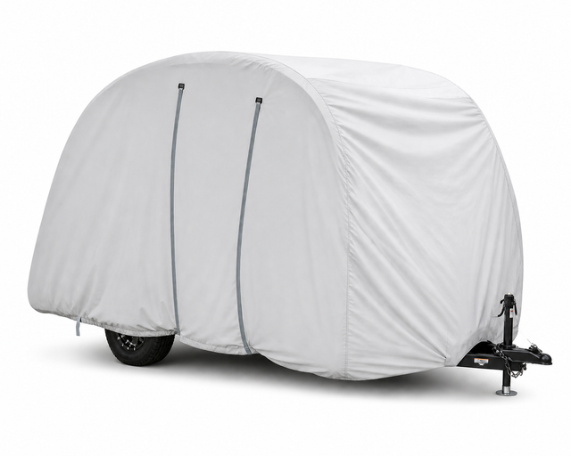 A Bushwhacker Plus Trailer Cover by Paha Que Custom, in light gray with two vertical seams, fits models 15DS and 15FK. Only the black wheel and hitch are visible below the cover against a plain white background. Made in the USA.