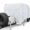 A Colorado Teardrops Canyonland Pinnacle trailer outfitted with a white, custom-fit PahaQue Wilderness cover, a front-mounted spare tire, and a diamond-plate storage box by the hitch—perfect for your next adventure.