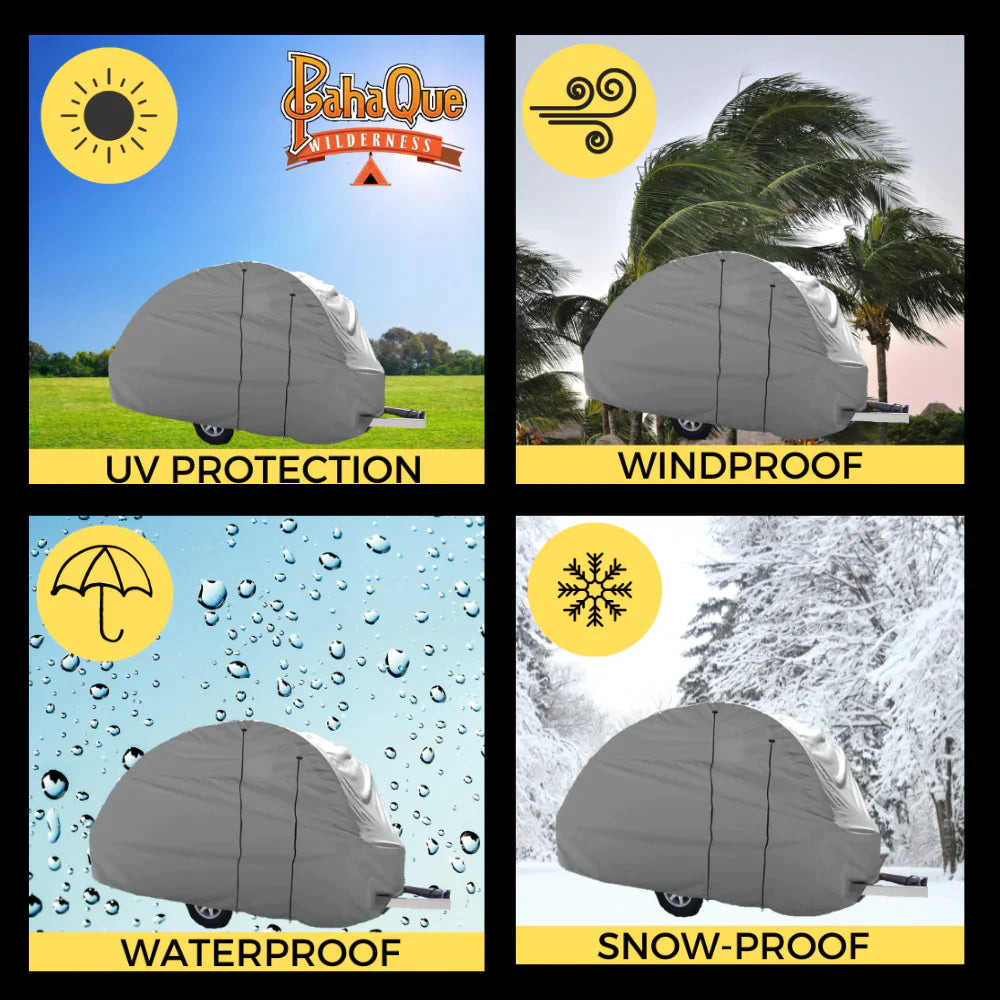 Four images display the PahaQue Wilderness Little Guy Mini Max FX Trailer Cover with text labels: UV Protection, Windproof, Waterproof, and Snow-Proof—features provided by its durable MagnaTuff fabric.