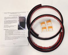 The Paha Que Custom Mounting Kit for Trailer Side Tents 10x10 and 5x7 includes three black and red rubber strips, four alcohol prep pads, and an instruction sheet for secure installation, displayed on a white surface.
