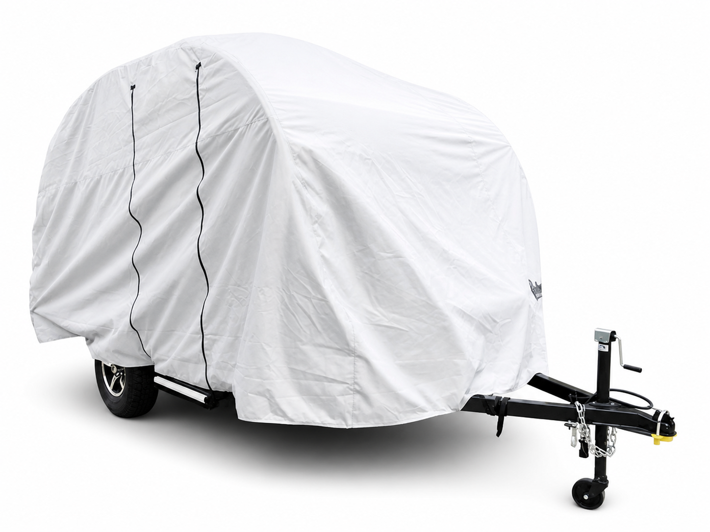 A Little Guy Mini Max FX trailer is fitted with the PahaQue Wilderness Trailer Cover, which has zippered openings and black straps, and is secured to a black metal frame with a tow hitch and wheel lock on a white background.