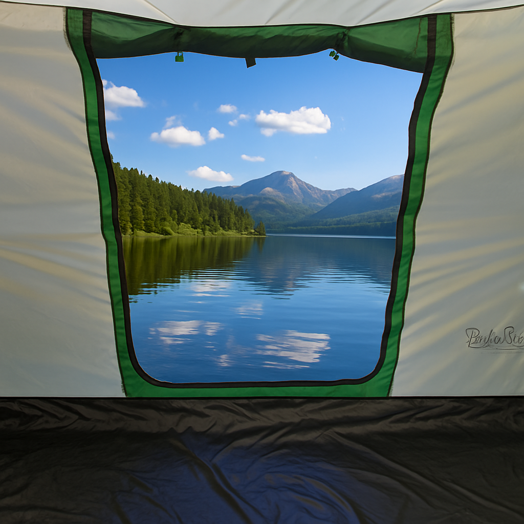 Enjoy serene lake and mountain views from the Paha Que Custom 10x10 Side Mount Screen Room Tent—ideal for camping gear, this airy retreat offers a perfect outdoor living space for your adventures.