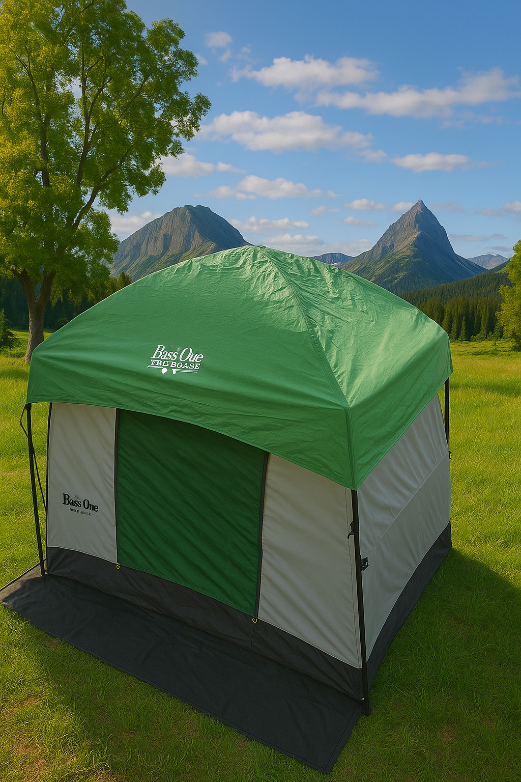The Paha Que Custom 10x10 Side Mount Screen Room Tent is set up on grass with trees and mountains in the background, providing a scenic and comfortable space for camping and outdoor adventures.
