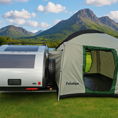 A teardrop camper with a solar panel and the Paha Que Custom 10x10 Side Mount Screen Room Tent for camping sits on lush grass, creating an ideal outdoor space, framed by tall mountains and a partly cloudy sky.